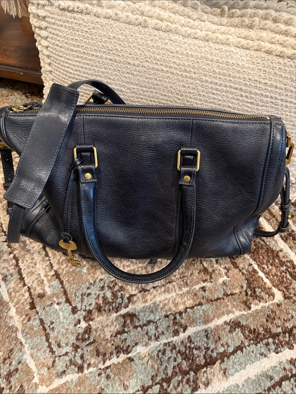 Fossil Black Leather Satchel Handbag with Gold Hardware